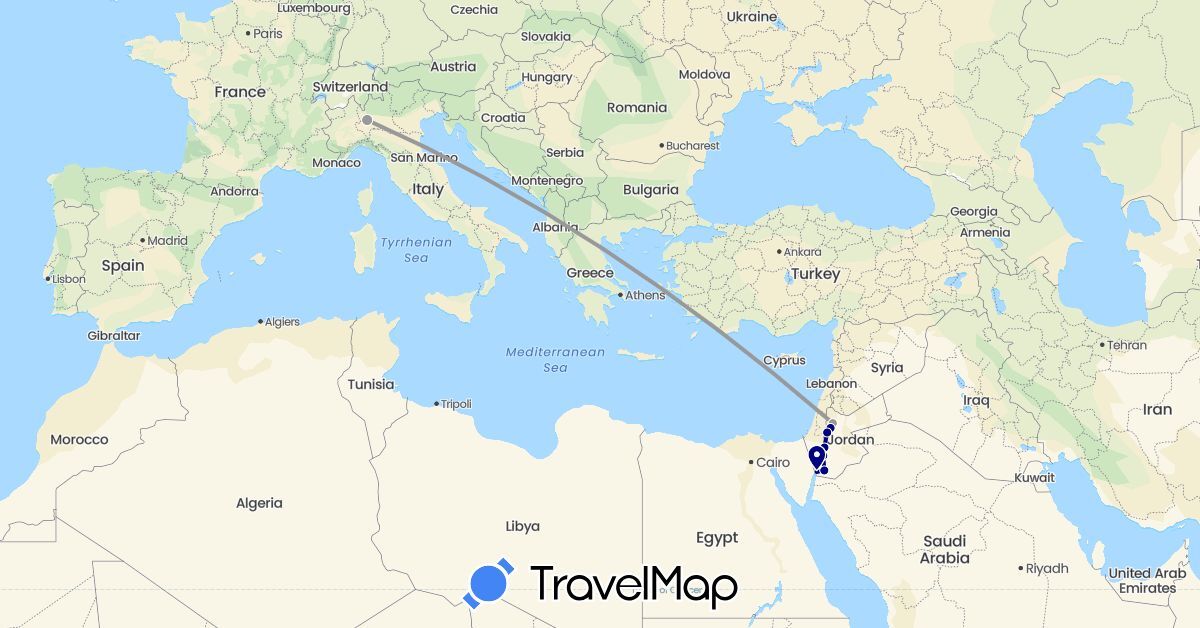 TravelMap itinerary: driving, plane in Italy, Jordan (Asia, Europe)
